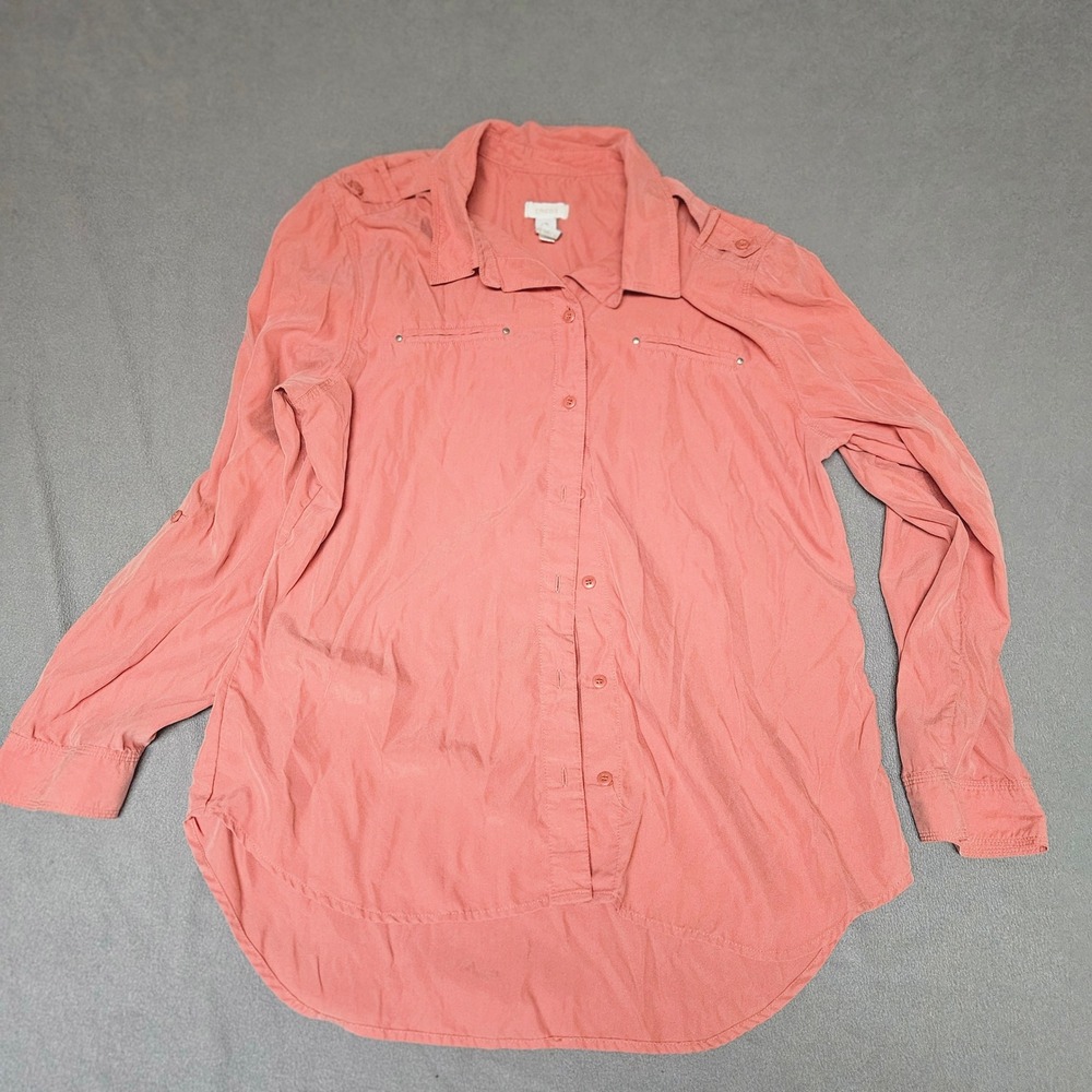 Chicos Coral Pink Utility Button Down Shirt Roll Tab Sleeve Epaulets Size 2 L